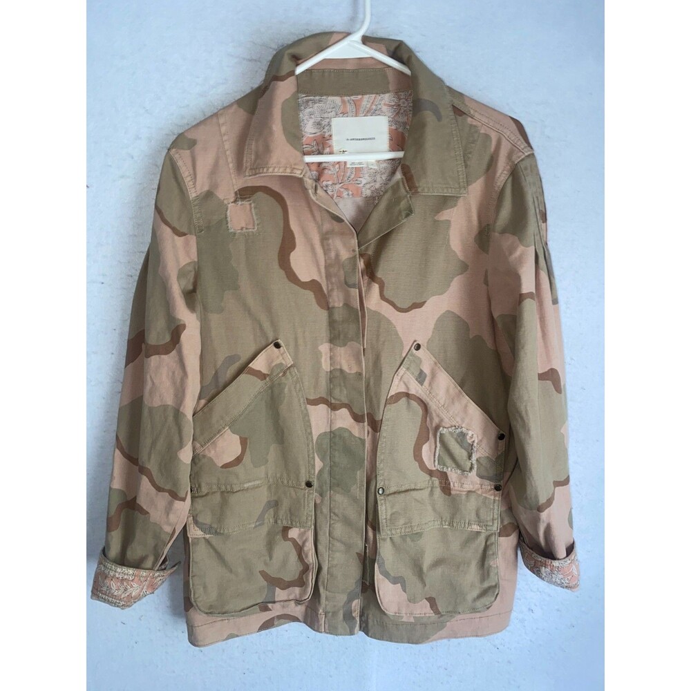 Anthropologie Camo Utility Jacket Sz S Safari Patchwork Long sleeve Pocket Khaki